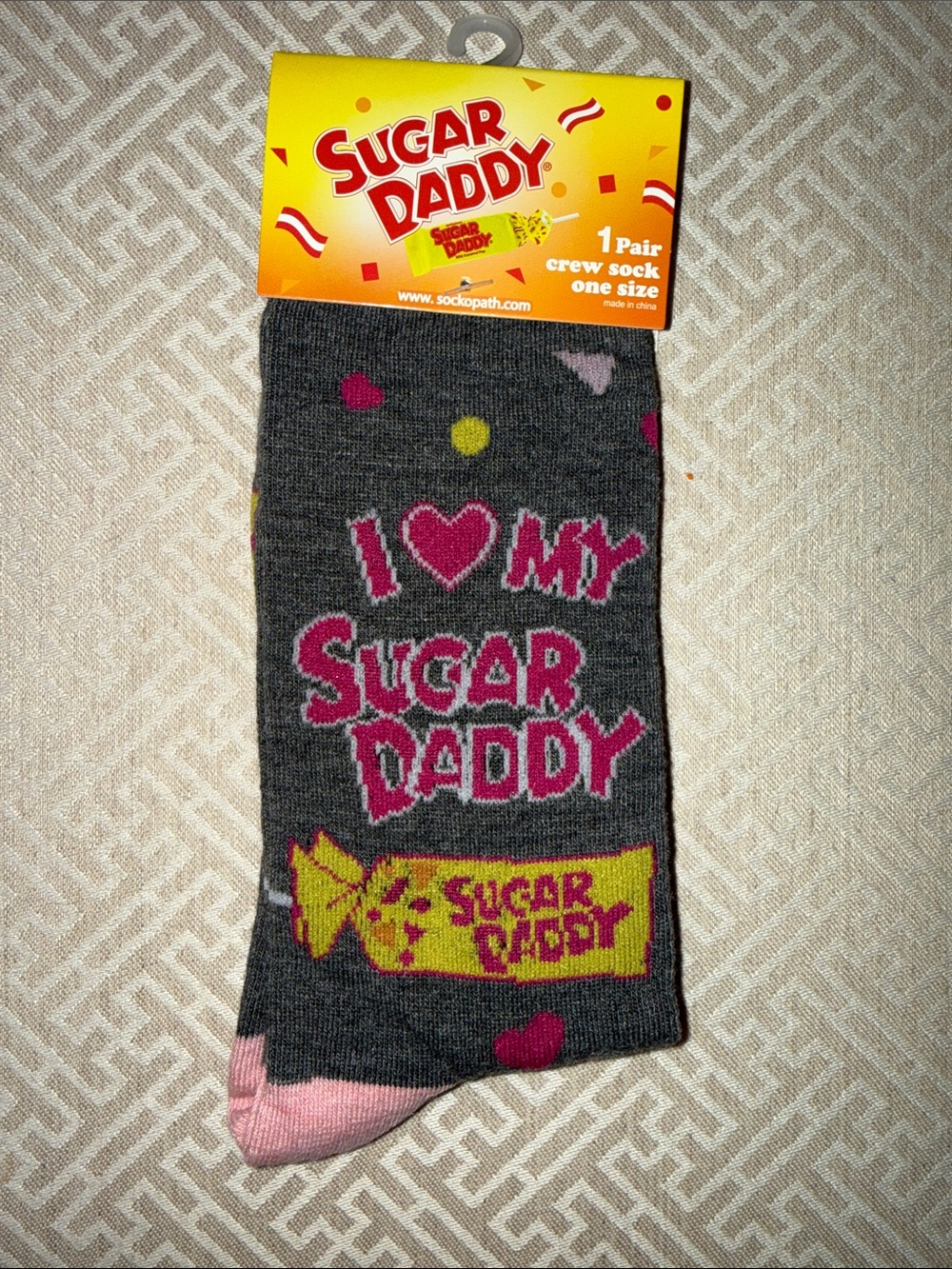 I Love My Sugar Daddy Socks Gray w/- Pink Accents one size (9-14) NWT